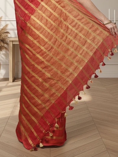 Stunning Pure Linen Striped Red & Yellow Saree