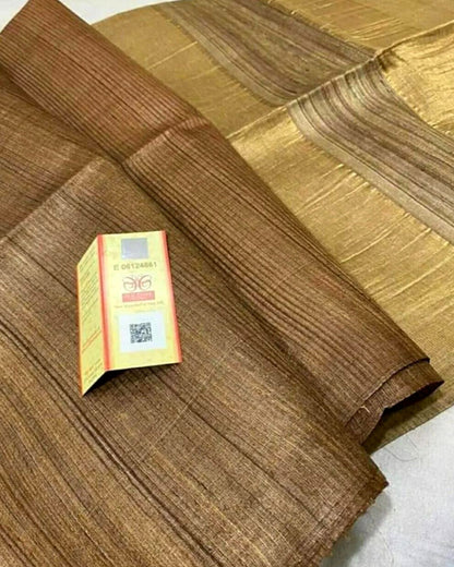 6052-Silkmark Certified Eri Silk with Gichcha Tussar Stripes Hand Dyed Brown Saree with Blouse