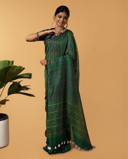 9206-Pure Linen Weaving Design Kantha Work Saree Spectra Green Color with Kantha Blouse