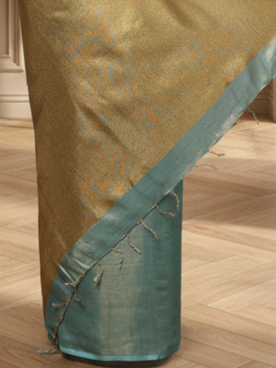 Tissue Linen Green Saree Gold Shimmer Pallu