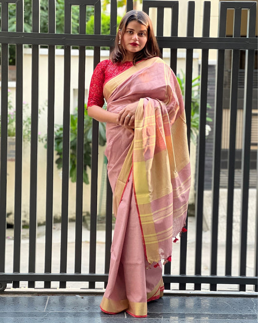 Handwoven Pure Linen Saree Dusky Pink Color with running Blouse - IndieHaat