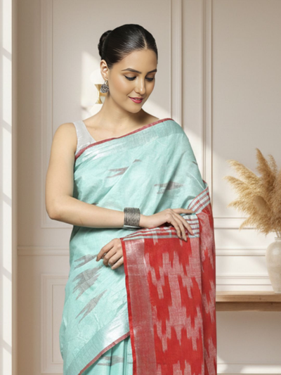 Sunny Ikkat Slub Linen Handloom Blue Saree