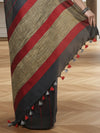 Bold Handwoven Pure Linen Gray Saree Striped Design