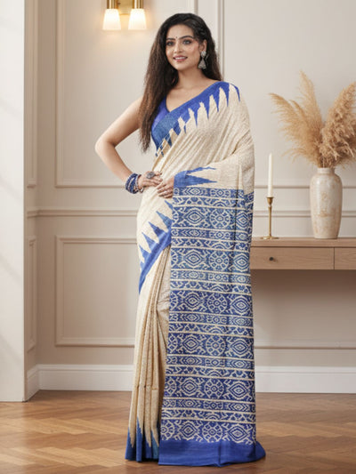 Silkmark Tussar Tranquil Blockprint Biege & Blue Saree
