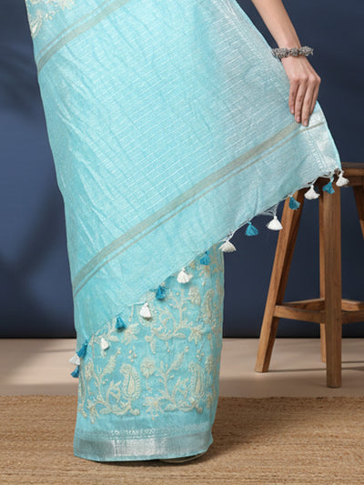 Adorable Pure Kota Linen Embroidery Saree Blue