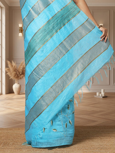 Modern Eri Tussar Silk Embroidered Blue Saree