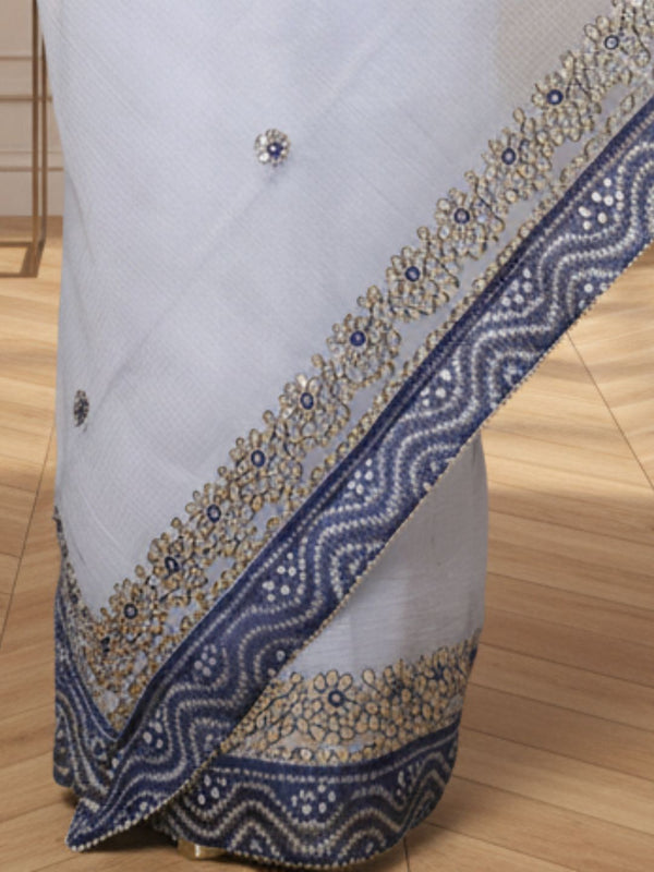 Tye & Drape Kota Doria Bandhej Print Gray & Blue Saree