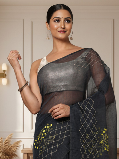 Elegant Kota Doria Cotton Bel Embroidery Blue Saree Handdyed