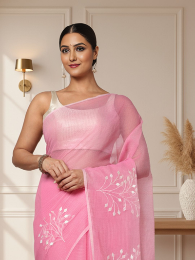 Trendy Kota Doria Cotton Bel Embroidery Pink Saree Handdyed