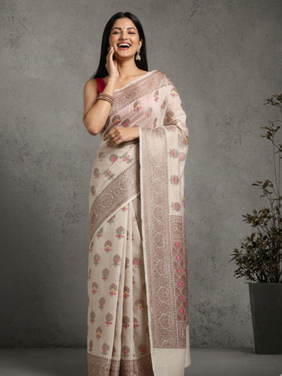 Silkmark Certified Tussar Moonga Banarasi Silk Saree Pale Silver Color with running blouse-Indiehaat