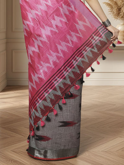 Soft Ikkat Slub Linen Handloom Gray Saree