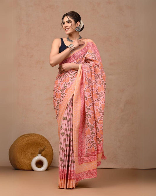 Indiehaat | Pure Mulmul Cotton Saree Peach Color handblock printed with Running Blouse