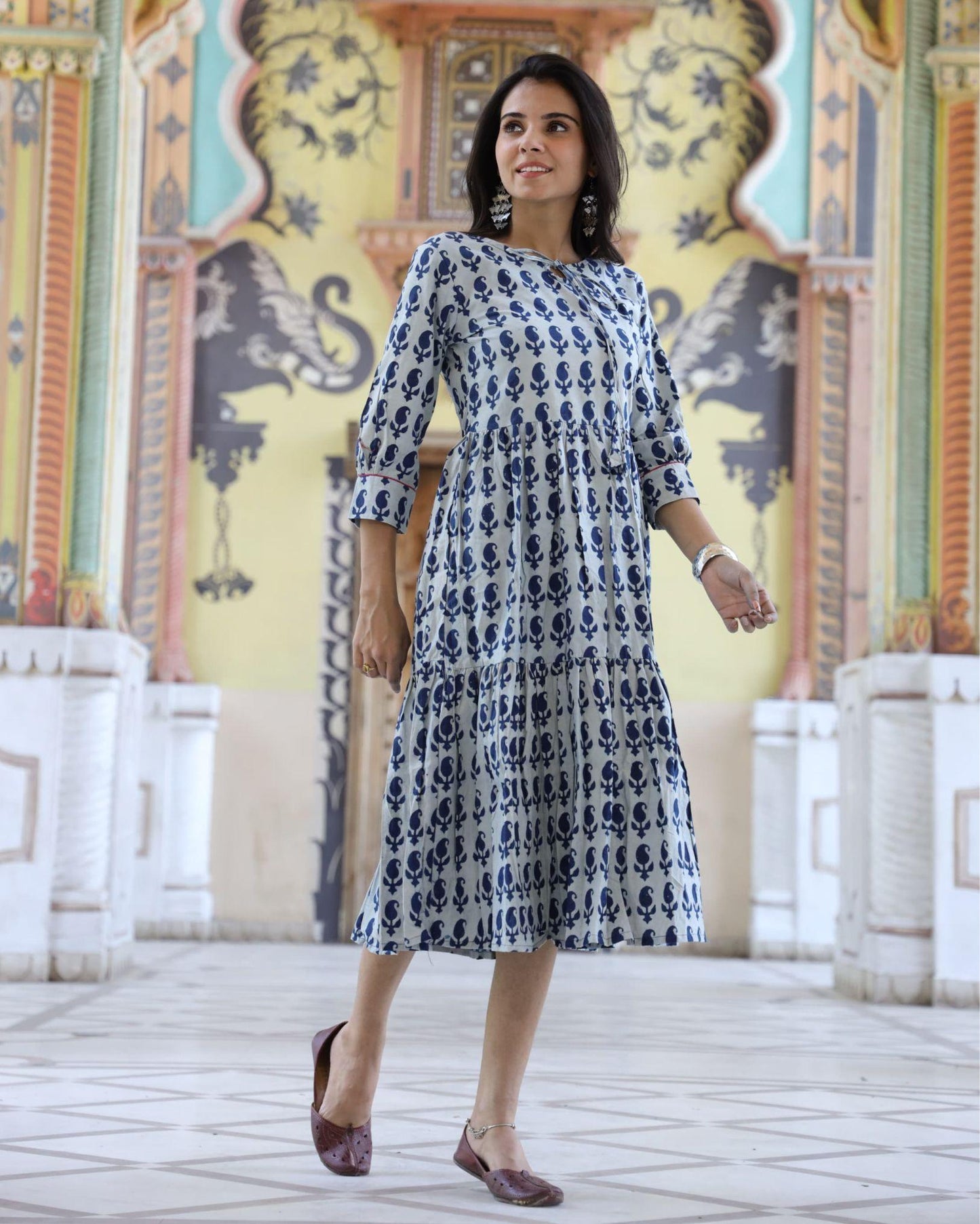 IndieHaat | Cotton One Piece Grey Frill Dress Handblock Print Ajrakh Dabu Size 38 to 49