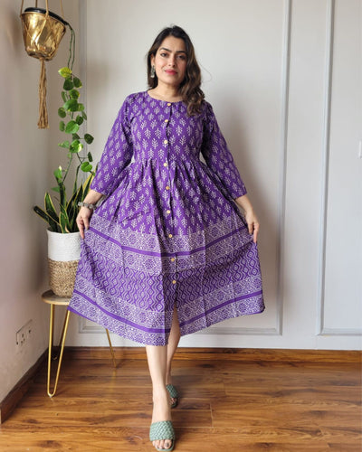Indiehaat | Blockprinted Cotton Long Dress Purple