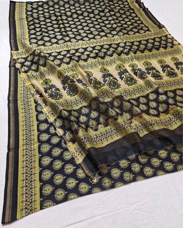 Indiehaat | Chanderi Silk Ajrakh Print Saree Black