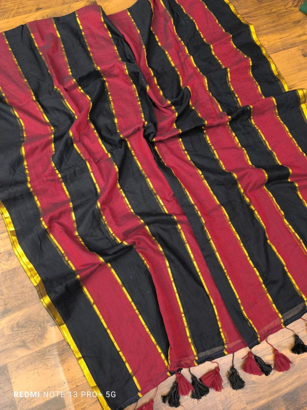 Indiehaat | Pure Handloom Mul Cotton Saree BlackMaroon
