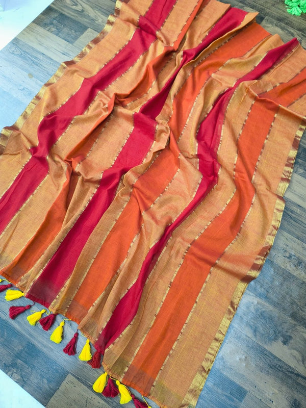 Indiehaat | Pure Handloom Mul Cotton Saree Red