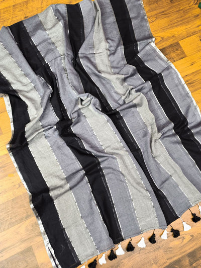 Indiehaat | Pure Handloom Mul Cotton Saree BlackGray