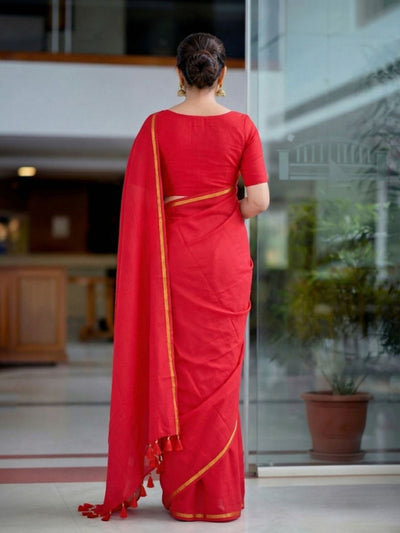 Indiehaat | Handloom Pure Mul Cotton Saree Red