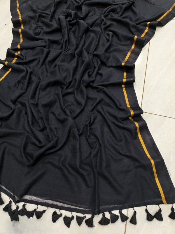 Indiehaat | Handloom Pure Mul Cotton Saree Black
