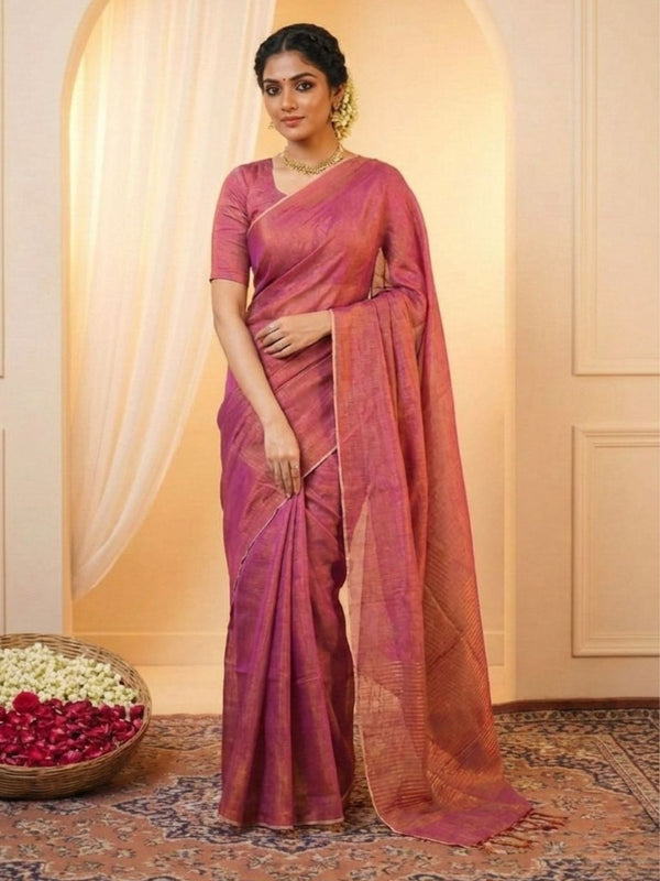 Indiehaat | Pure Tissue Linen Handloom Saree Pink