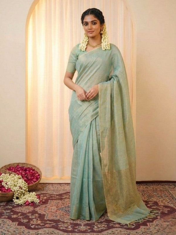 Indiehaat | Pure Tissue Linen Handloom Saree Green