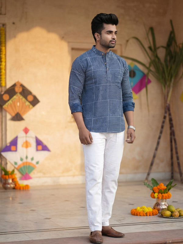 Indiehaat | Pure Cotton Blockprint Short Kurta Blue