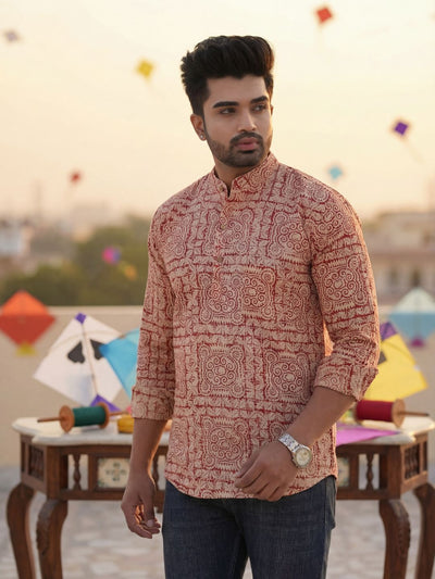 Indiehaat | Pure Cotton Blockprint Short Kurta Red & Beige