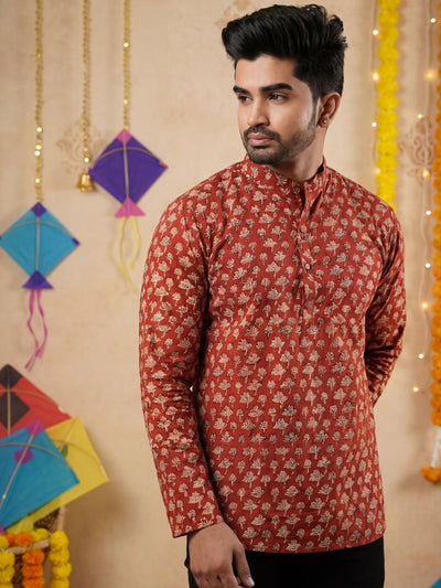 Noble Echo Pure Cotton Blockprint Short Kurta Brick Red