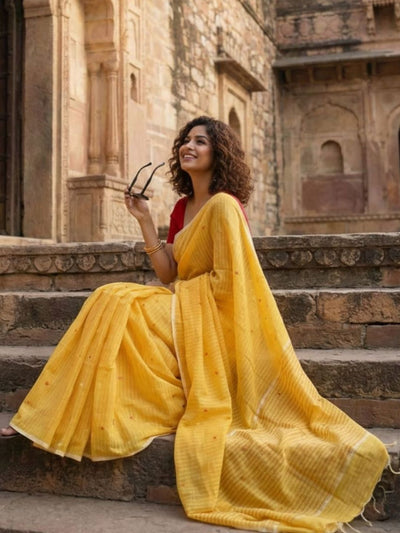 Indiehaat | Pure Cotton Handloom Saree Yellow
