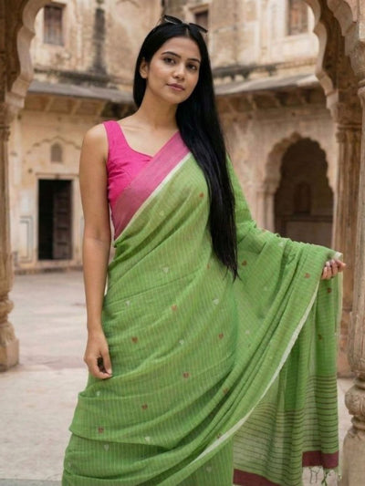 Indiehaat | Pure Cotton Handloom Saree Green