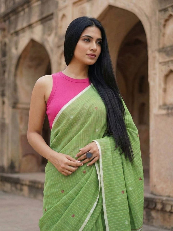 Indiehaat | Pure Cotton Handloom Saree Green
