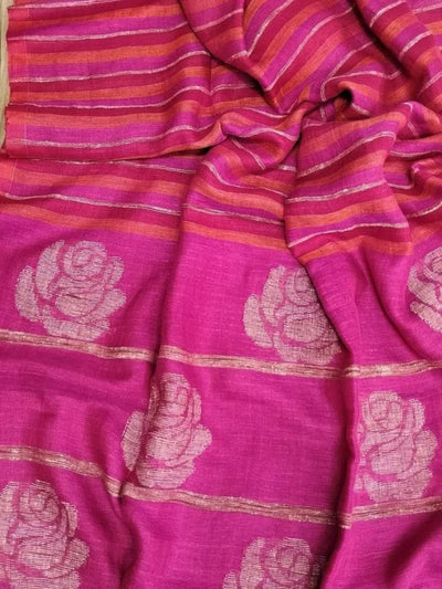 Indiehaat | Pure Linen Handloom Saree Pink