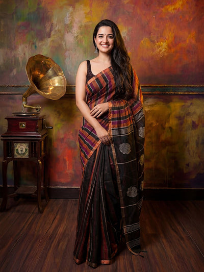 Indiehaat | Pure Linen Handloom Saree Red & Black