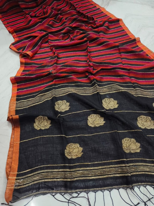 Indiehaat | Pure Linen Handloom Saree Red & Black