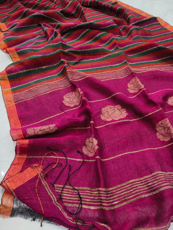 Indiehaat | Pure Linen Handloom Saree Pink & Green