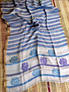 Indiehaat | Pure Linen Handloom Saree White & Blue