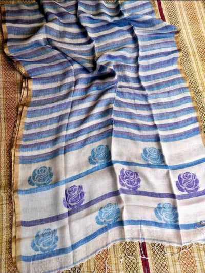 Indiehaat | Pure Linen Handloom Saree White & Blue