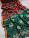 Indiehaat | Pure Linen Handloom Saree Green & Red