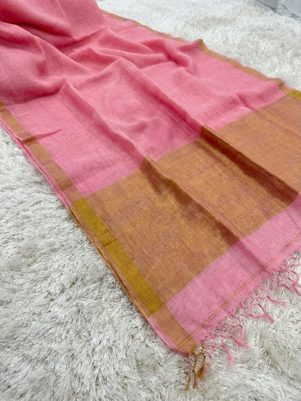 Indiehaat | Pure Linen Handloom Zari Border Saree Pink