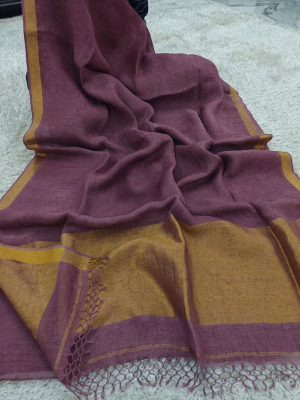 Indiehaat | Pure Linen Handloom Zari Border Saree Wine