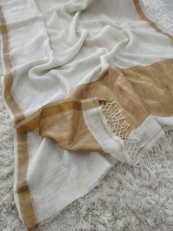 Indiehaat | Pure Linen Handloom Zari Border Saree White