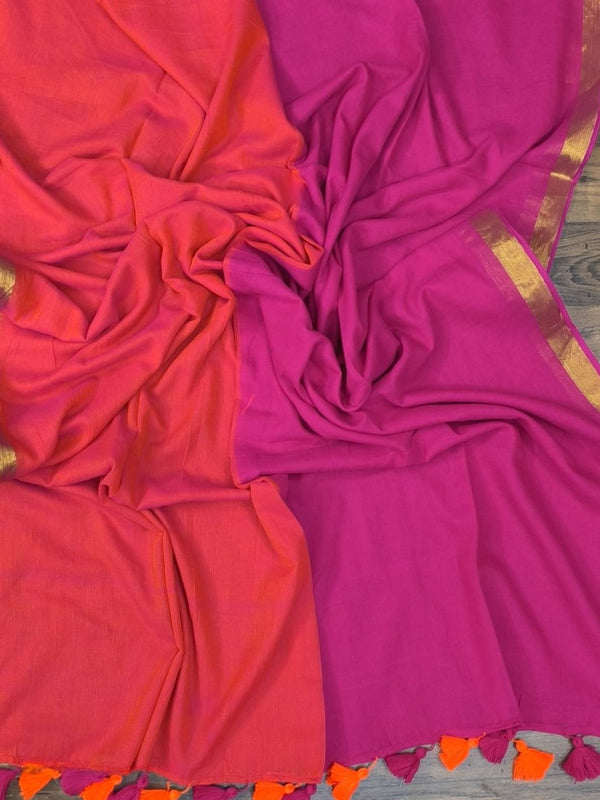 Indiehaat | Pure Handloom Mul Cotton Saree Pink & Orange