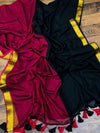 Indiehaat | Pure Handloom Mul Cotton Saree Red & Black