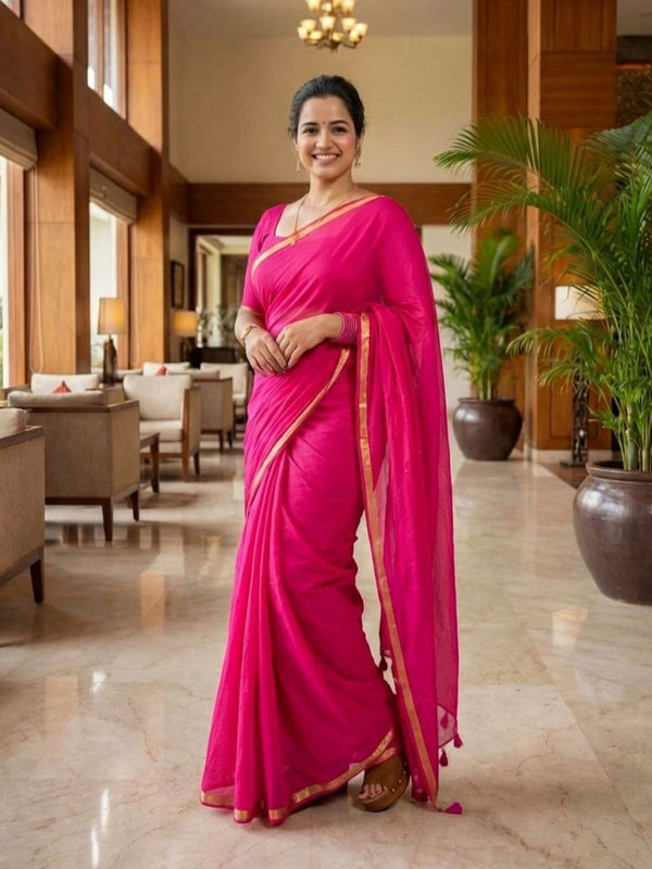 Indiehaat | Pure Mul Cotton Zari Border Saree Pink
