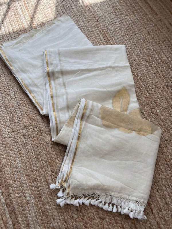 Indiehaat | Pure Mul Cotton Handloom Saree White