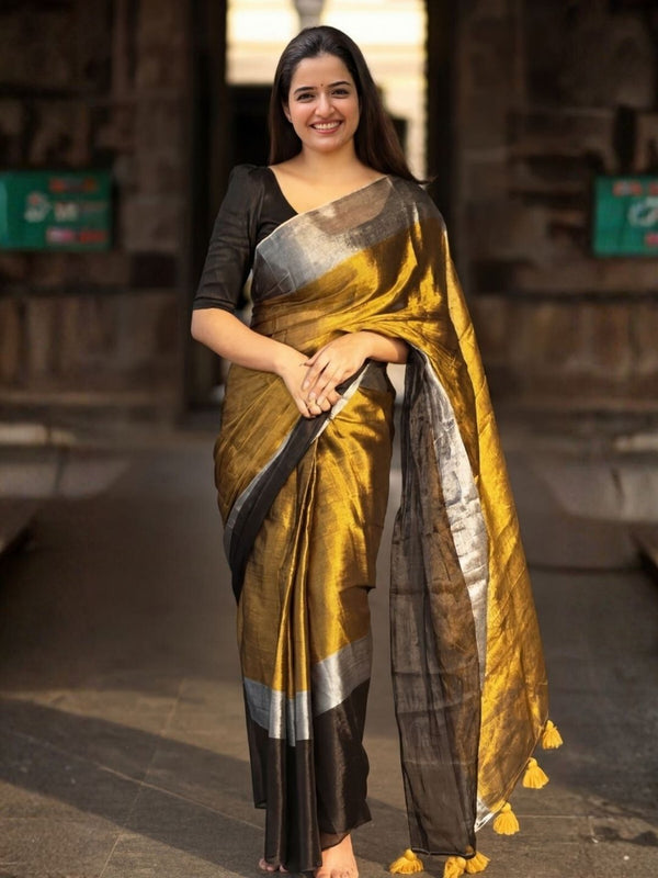 Indiehaat | Pure Tissue Cotton Handloom Saree Gold & Black