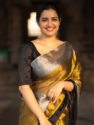 Indiehaat | Pure Tissue Cotton Handloom Saree Gold & Black