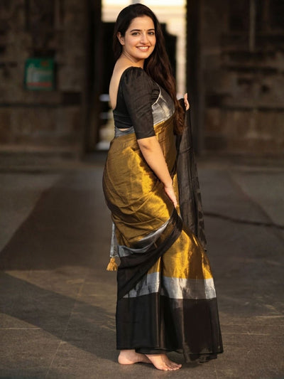 Indiehaat | Pure Tissue Cotton Handloom Saree Gold & Black