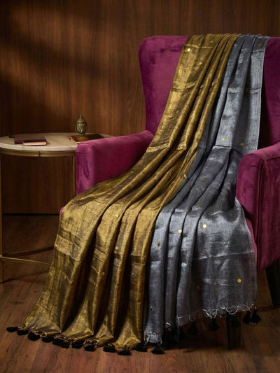 Indiehaat | Pure Mul Cotton Sequin Saree Gray & Gold